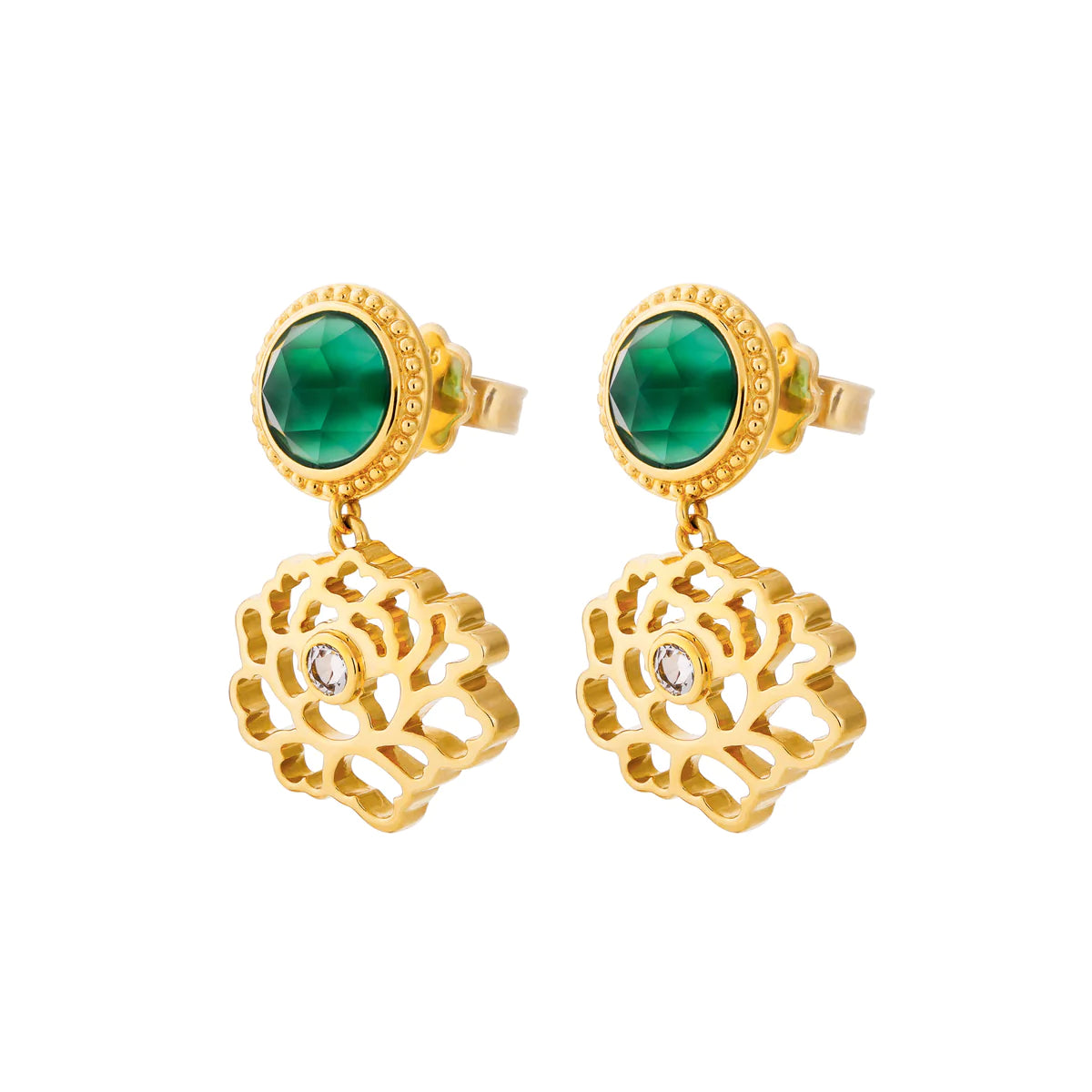 Majestic Tang Peony Earrings Gold Vermeil with Green Agate