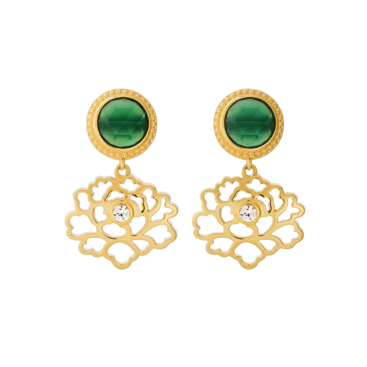 Majestic Tang Peony Earrings Gold Vermeil with Green Agate