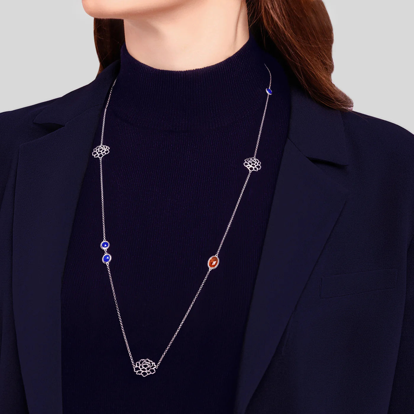 Majestic Tang Peony Long Necklace Silver