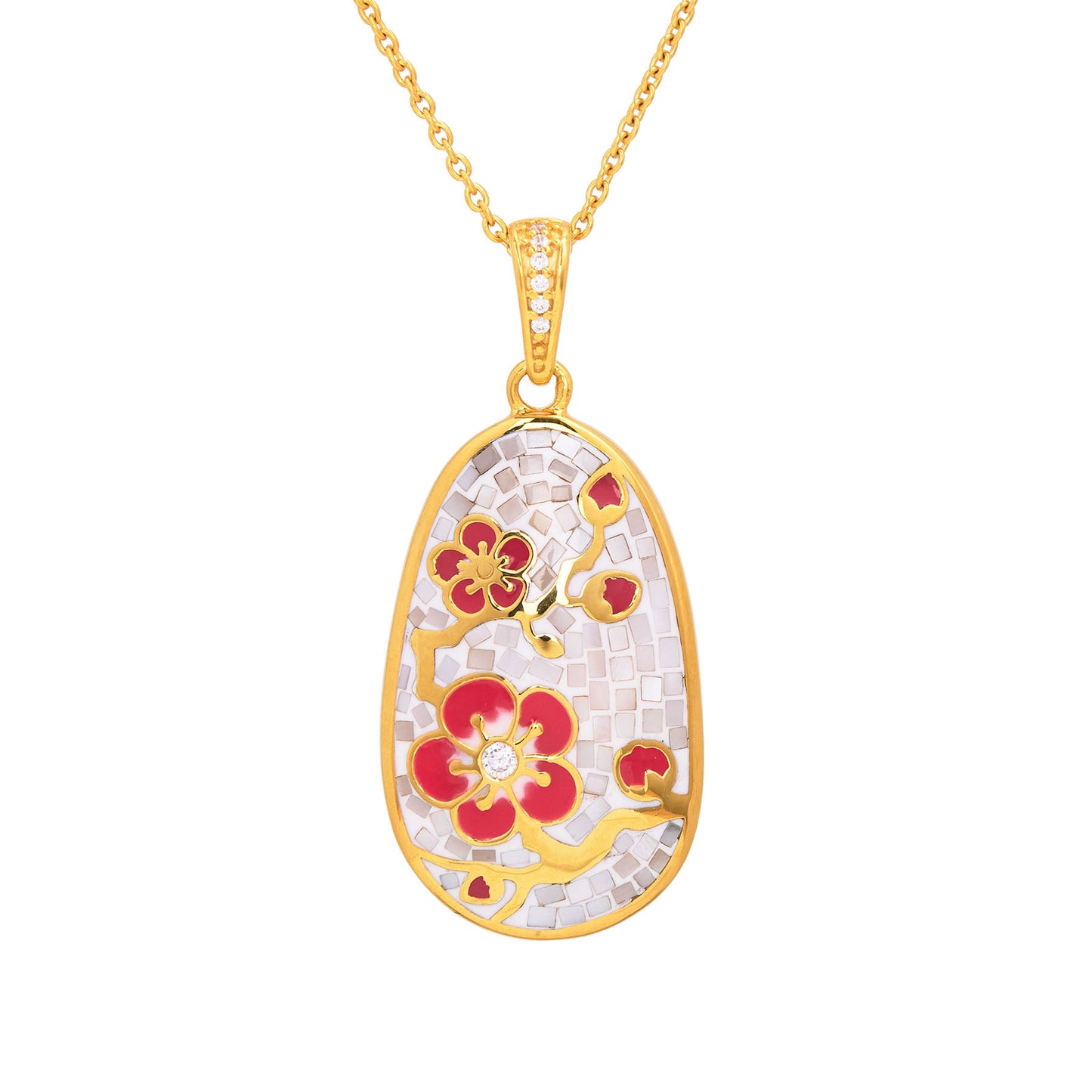 Plum Blossom Mosaic Mother of Pearl Necklace  Gold