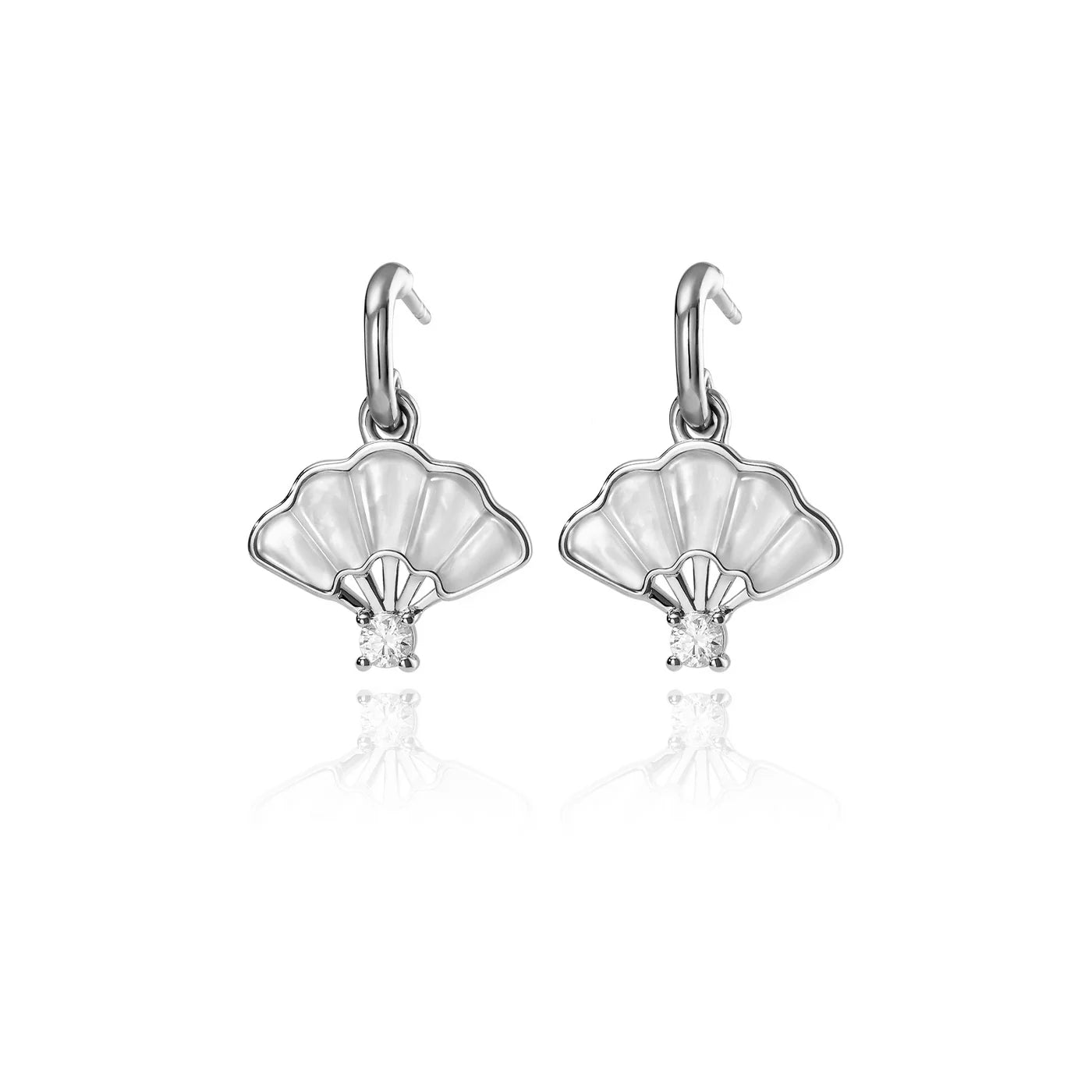 Floral Fan Dangle Earrings  Silver with White Mother of Pearl