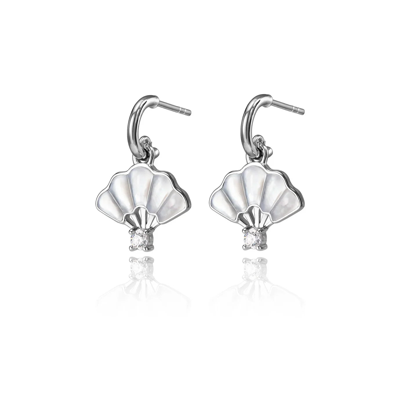 Floral Fan Dangle Earrings  Silver with White Mother of Pearl