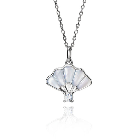 Floral Fan Necklace  Silver with White Mother of Pearl