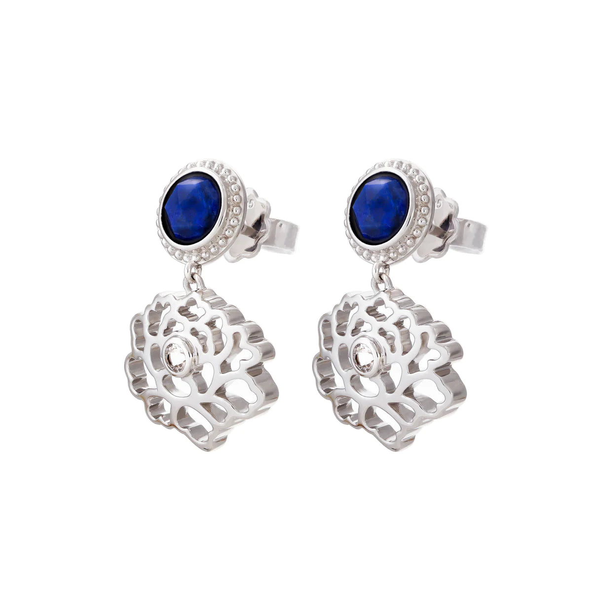 Majestic Tang Peony Earrings -Silver with Lapis